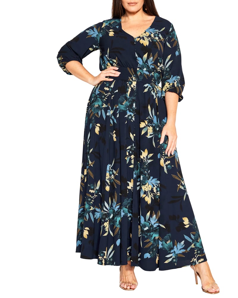 Front of a model wearing a size XXL Emmaline Maxi Dress in Navy Delicate Bloom by City Chic. | dia_product_style_image_id:300584